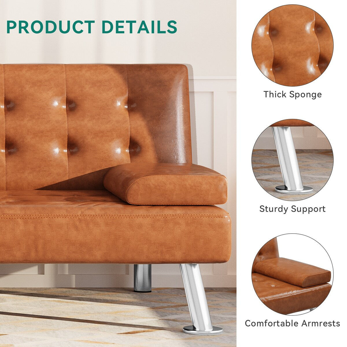 Canapé-lit futon pliable moderne Moasis en similicuir - 162,5 cm (L) x 76,2 cm (l) x 66 cm (H)