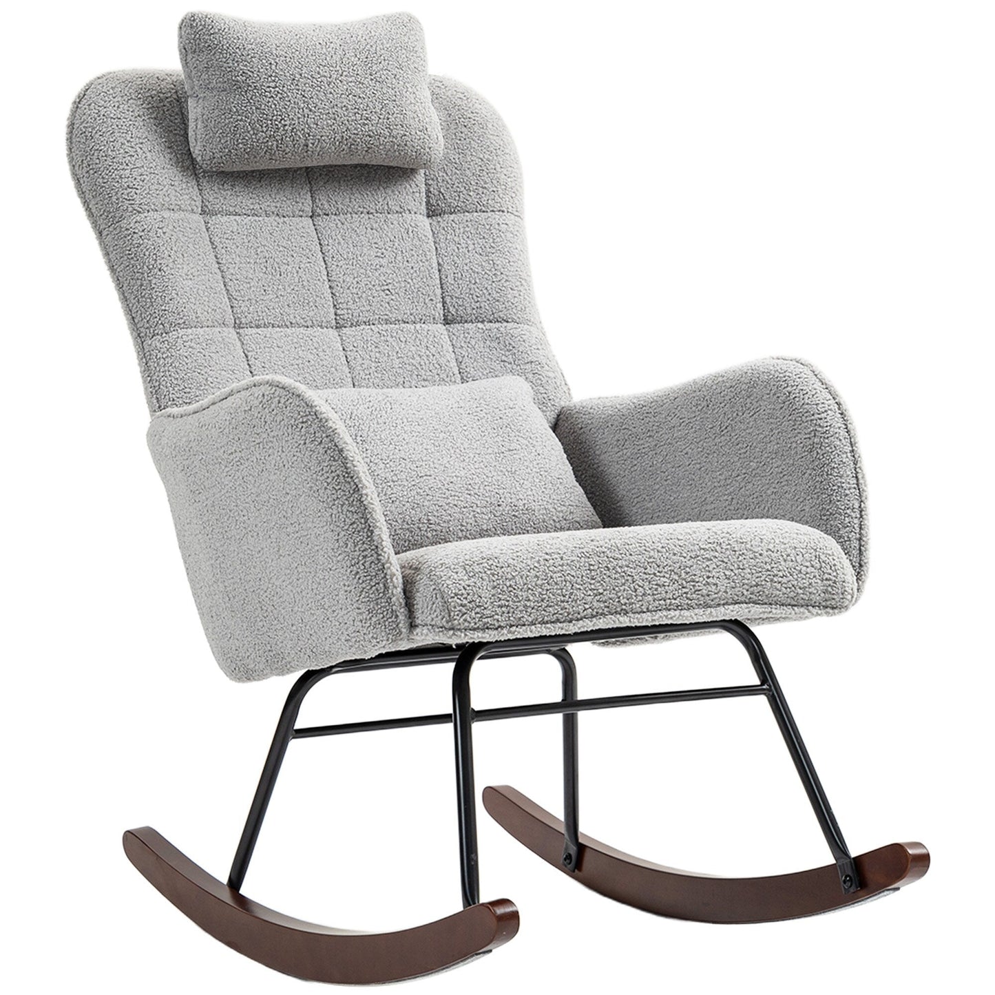 Fauteuil berçant moderne rembourré pour chambre d'enfant, avec dossier haut, appui-tête et coussin lombaire, idéal pour le salon ou la chambre à coucher.