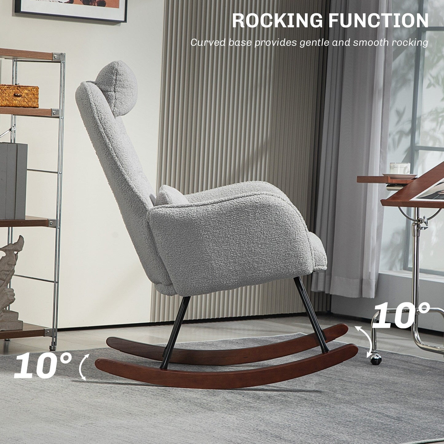 Fauteuil berçant moderne rembourré pour chambre d'enfant, avec dossier haut, appui-tête et coussin lombaire, idéal pour le salon ou la chambre à coucher.