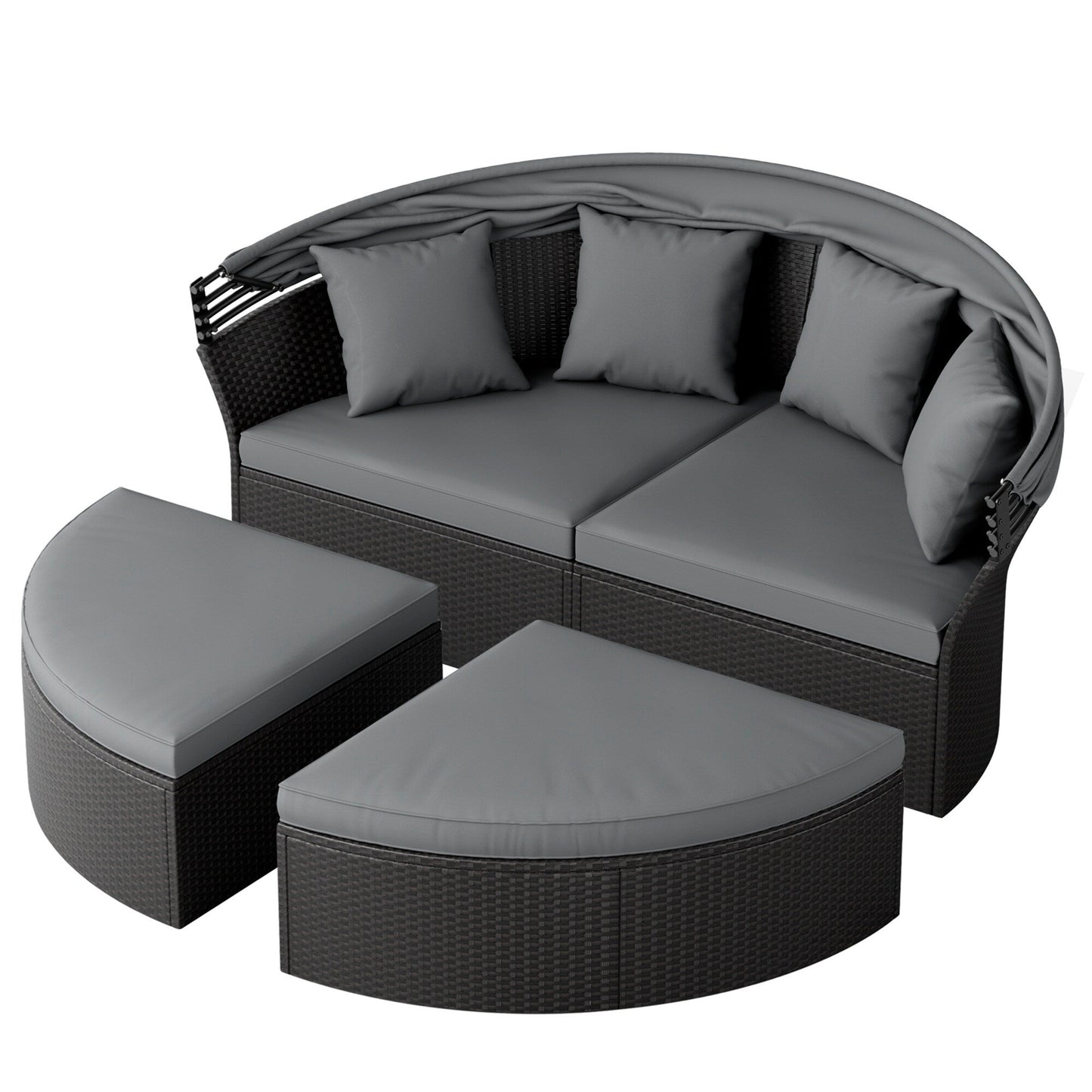 Ensemble canapé d'angle rond Nuon 4 pièces en résine tressée noire avec auvent rétractable par Havenside Home