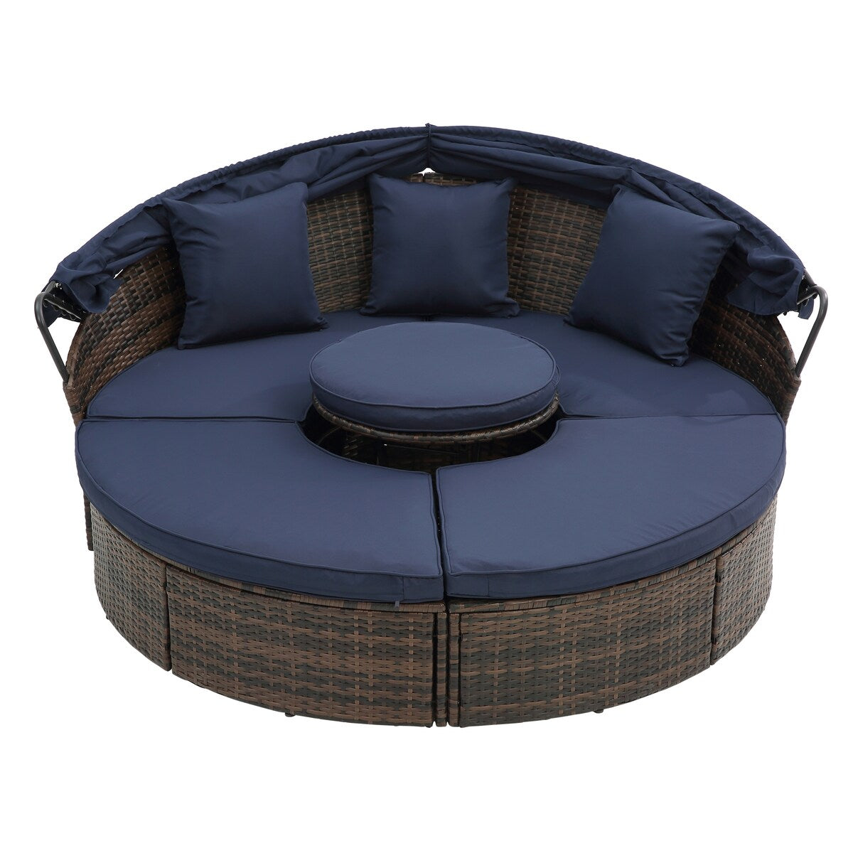 Lit de jour rond en rotin d'extérieur avec auvent et table basse relevable, canapé-lit bleu marine à assise profonde avec oreillers et coussins lavables