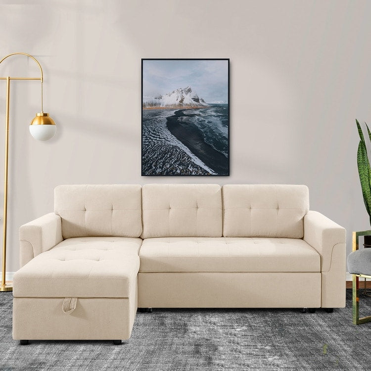 Canapé d'angle réversible avec lit gigogne, méridienne avec rangement dissimulé, pieds robustes.