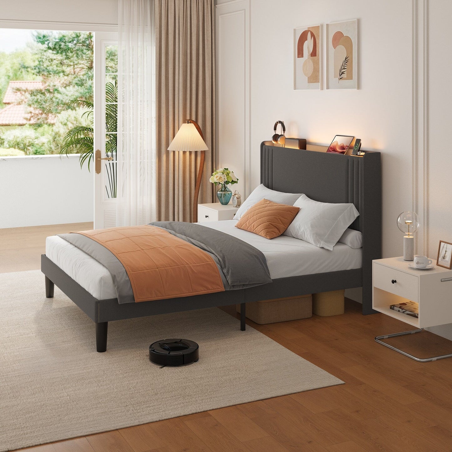 Lit Queen/Full à tête de lit capitonnée avec dossier à oreilles