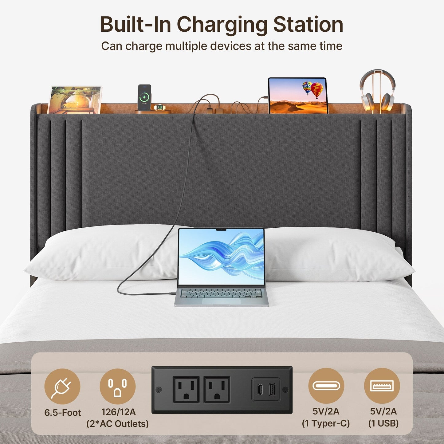 Lit Queen/Full à tête de lit capitonnée avec dossier à oreilles