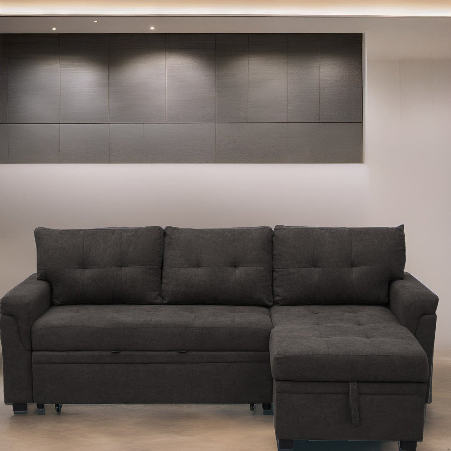 Canapé d'angle réversible avec lit gigogne, méridienne avec rangement dissimulé, pieds robustes.