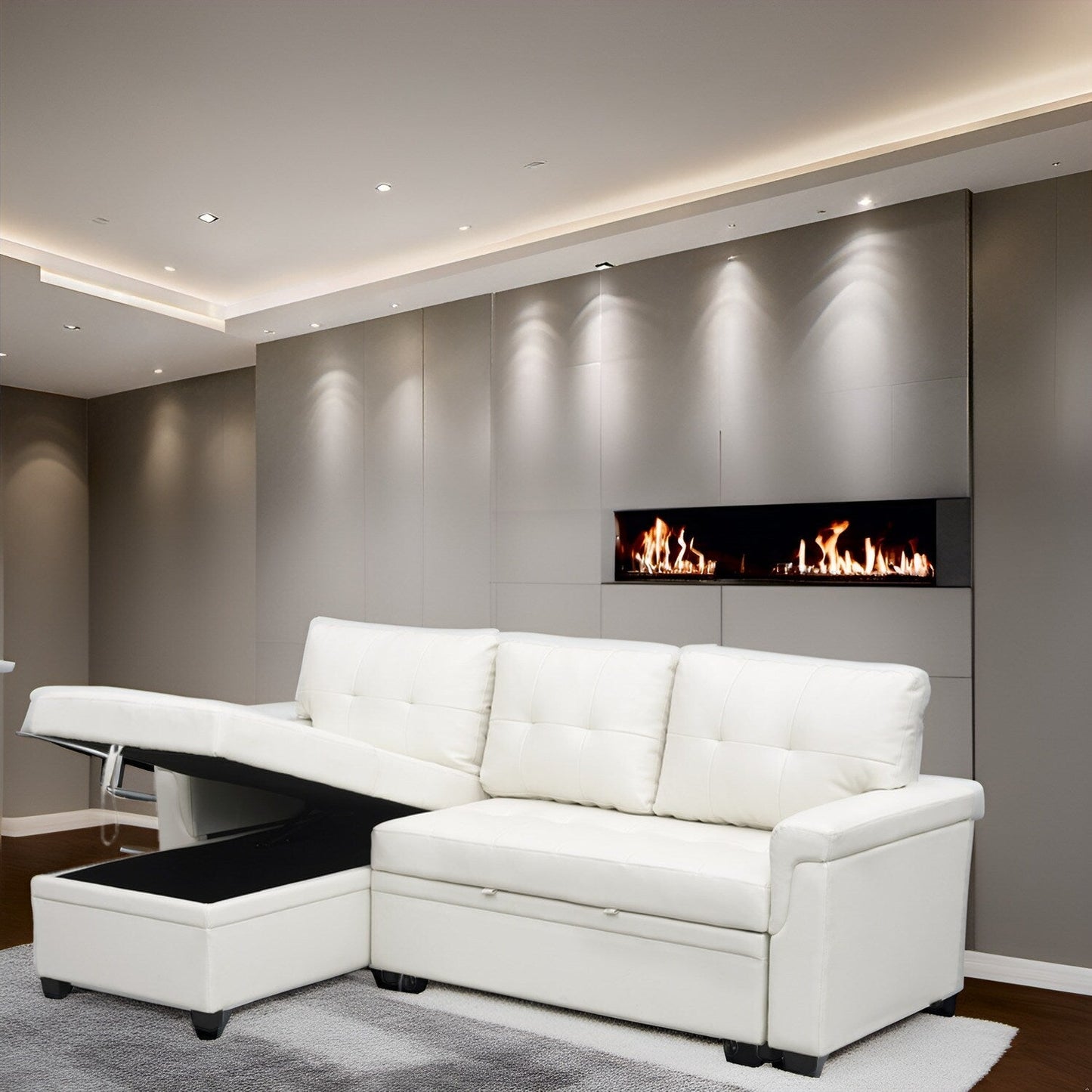 Canapé d'angle réversible avec lit gigogne, méridienne avec rangement dissimulé, pieds robustes.