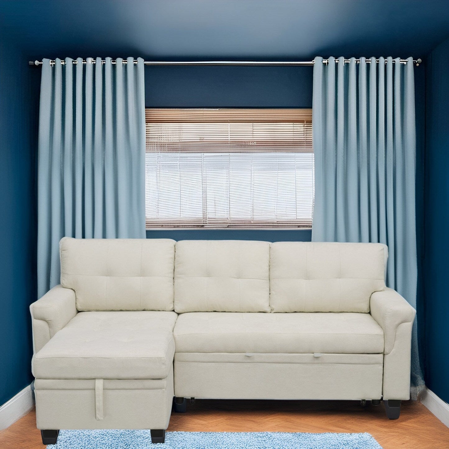 Canapé d'angle réversible avec lit gigogne, méridienne avec rangement dissimulé, pieds robustes.