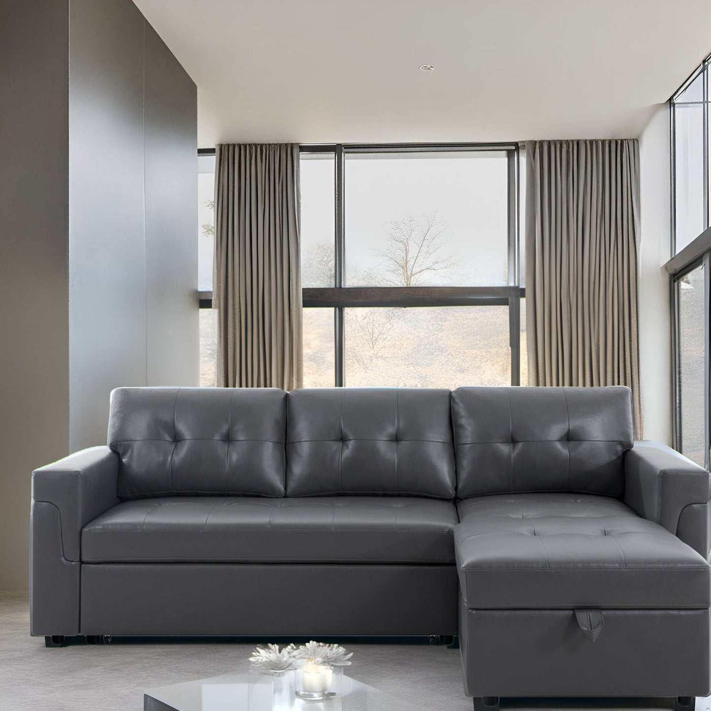 Canapé d'angle réversible avec lit gigogne, méridienne avec rangement dissimulé, pieds robustes.