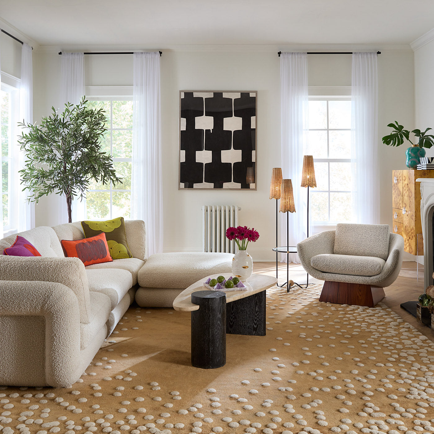 Canapé d'angle modulaire Pompidou 120" en quatre pièces avec pouf