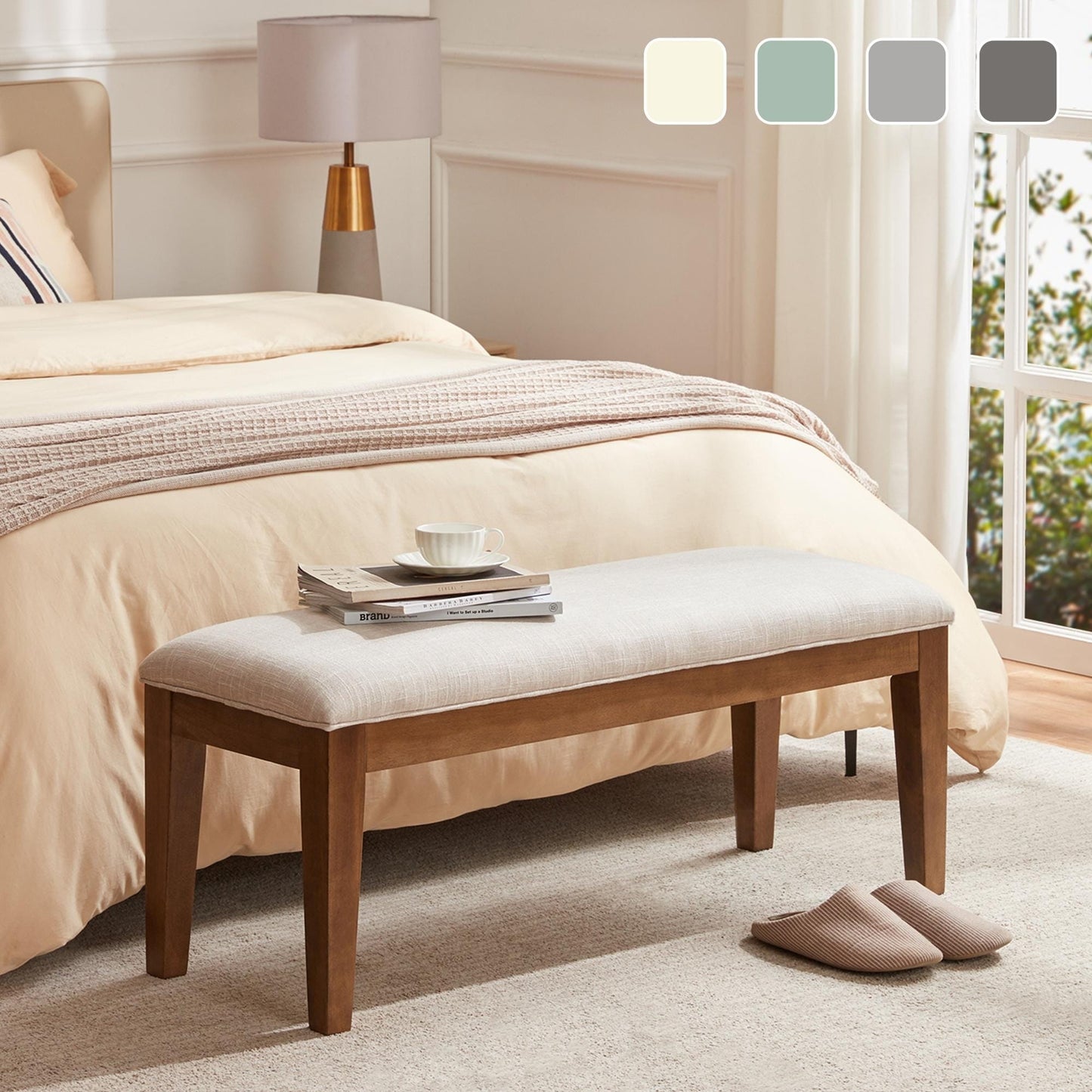 Banc d'entrée rembourré en tissu, banc de chambre à coucher pour pied de lit, beige, bois massif, 112 cm (44 pouces)