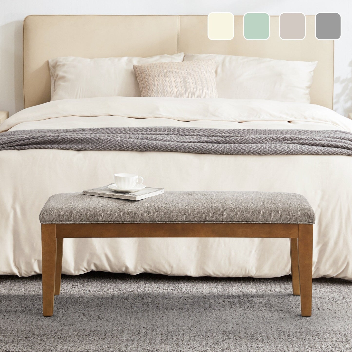 Banc d'entrée rembourré en tissu, banc de chambre à coucher pour pied de lit, beige, bois massif, 112 cm (44 pouces)