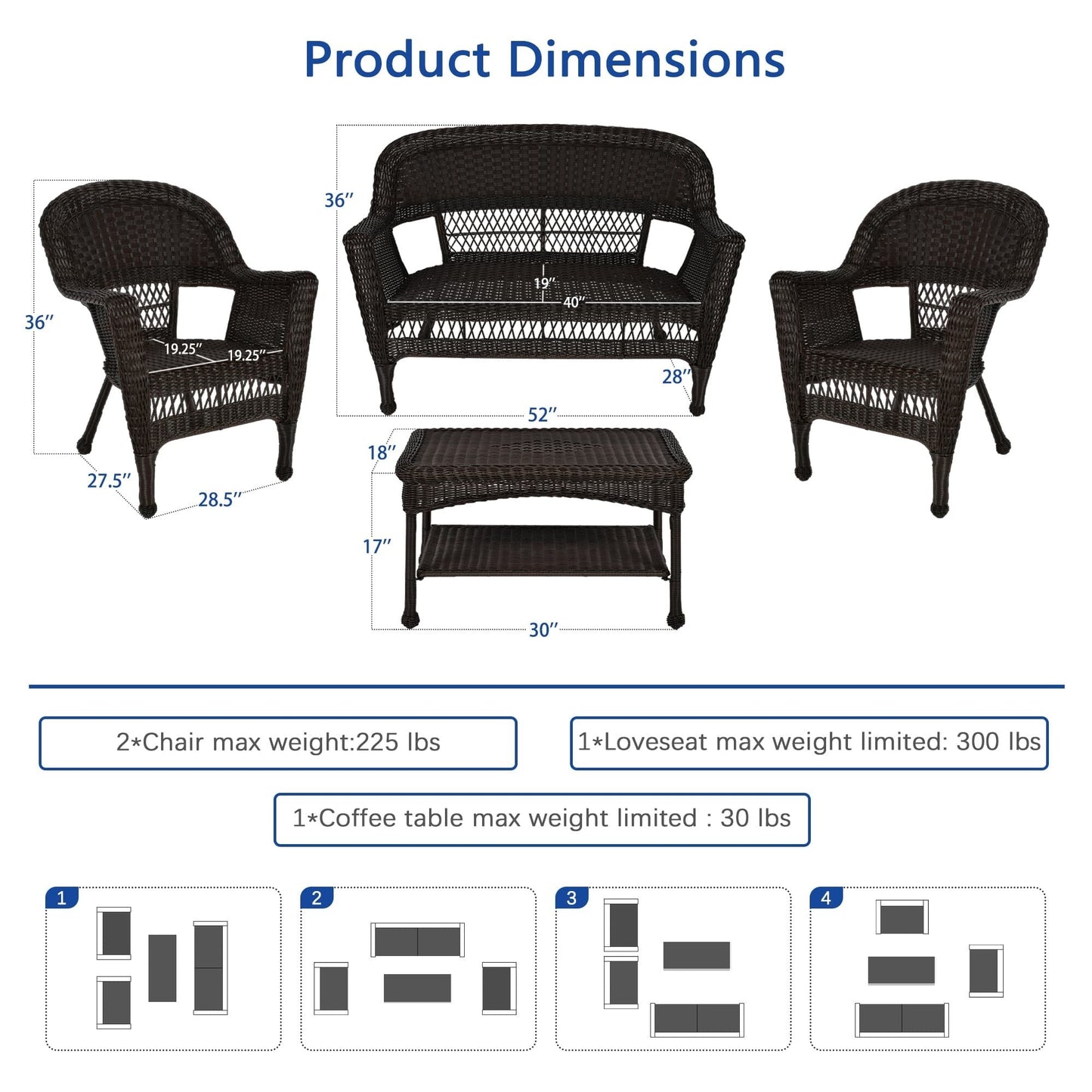 Ensemble de conversation 4 pièces en osier pour patio