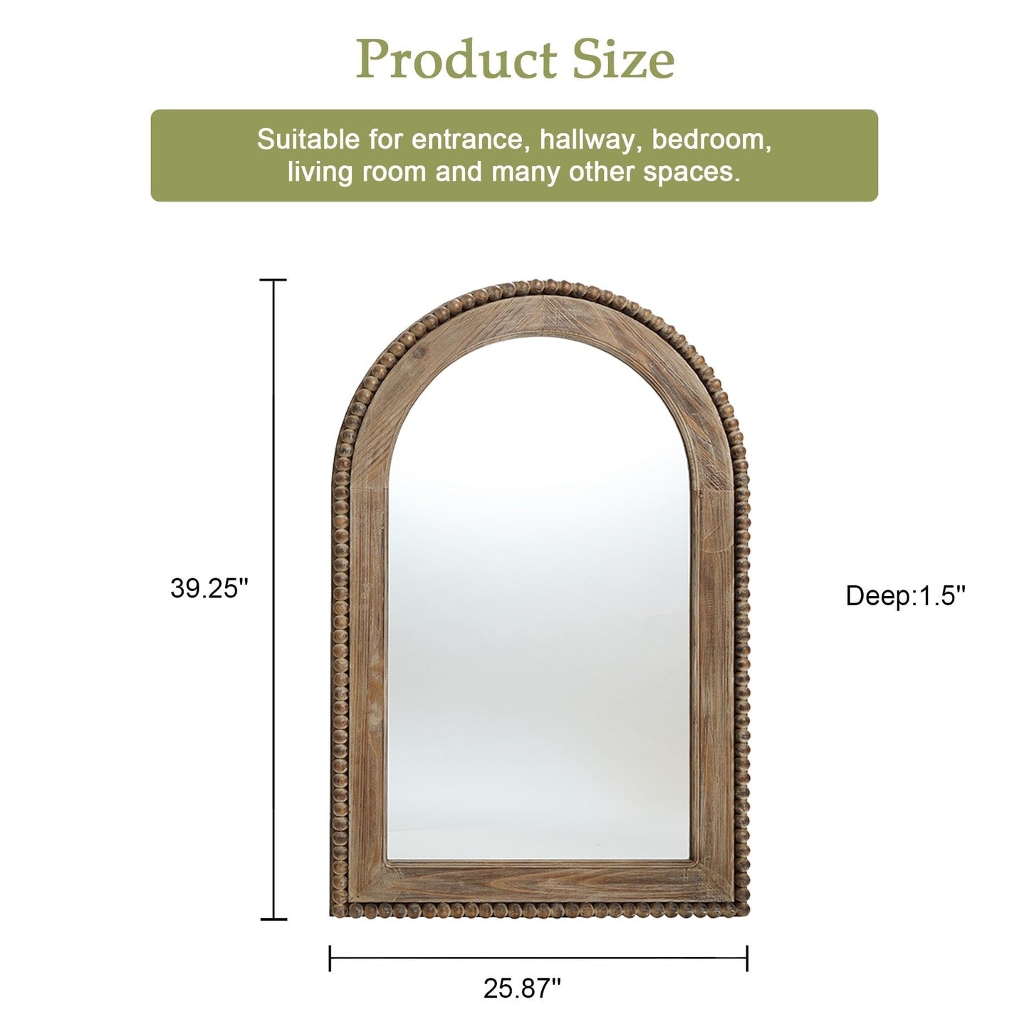 Miroir mural encadré en bois avec fenêtre cintrée, miroir de salle de bain - 39,25 po H x 25,87 po L x 1,5 po P