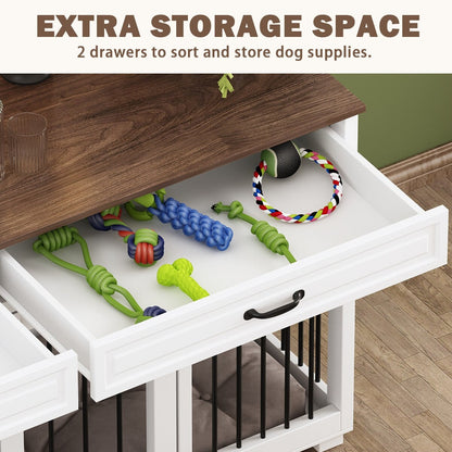 Cage double en bois pour chien avec 2 tiroirs et séparateur